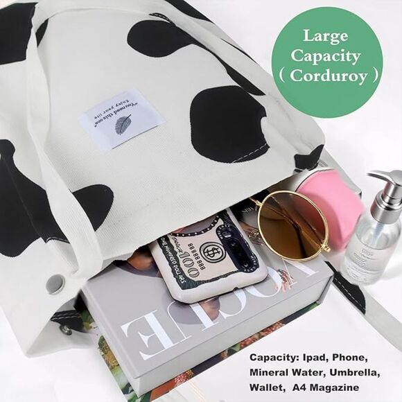 Women Cow Imported Corduroy Small Canvas Shoulder Handy Inner Pocket Tote Bag - Picture 2 of 4